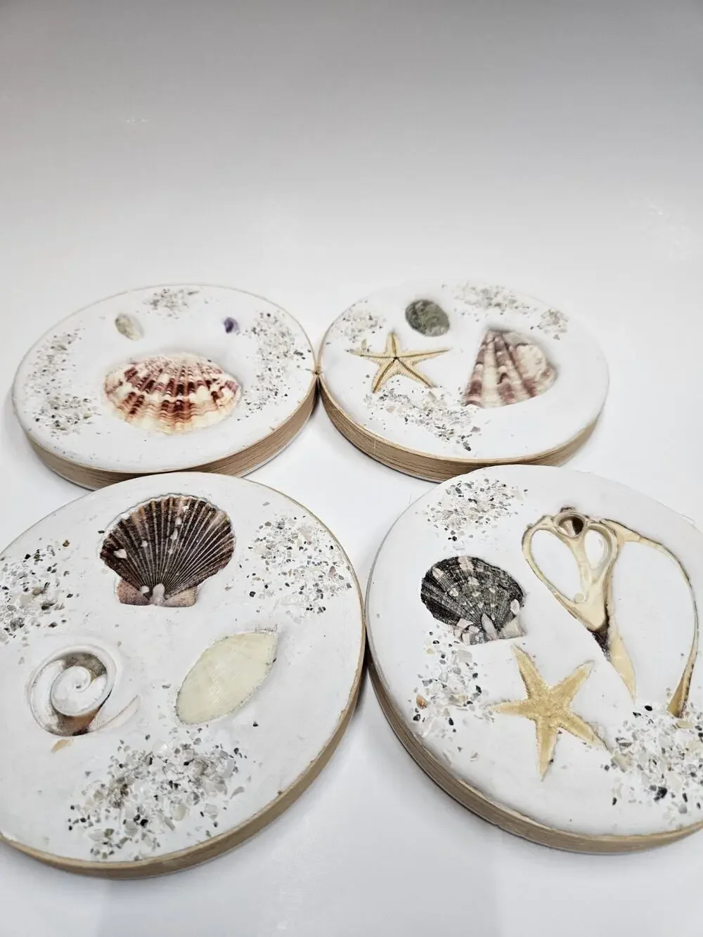 4 Beach Coasters Coastal Decor Seashells Sand Sea Glass 4.25” Round Cork Back